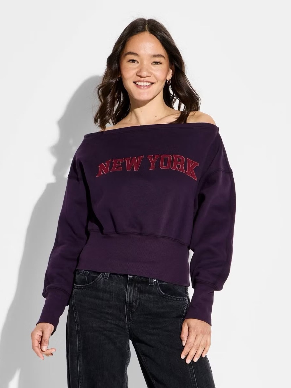 wild fable Off-the-Shoulder Sweater in Deep Purple with Red Logo